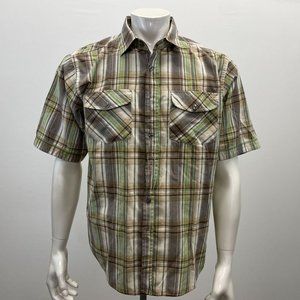 Navy Crew Men's Green and Brown Plaid Causal Button Up Short Sleeve Shirt CAMP C